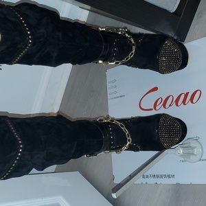 ALBA Black Suede Studded Boots Mid-Calf
